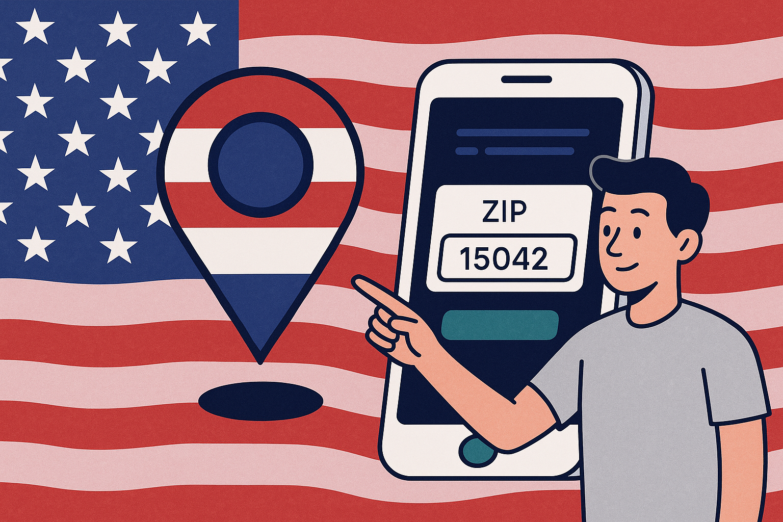 Patriotic flag backdrop with ZIP 15042 on phone and location pin